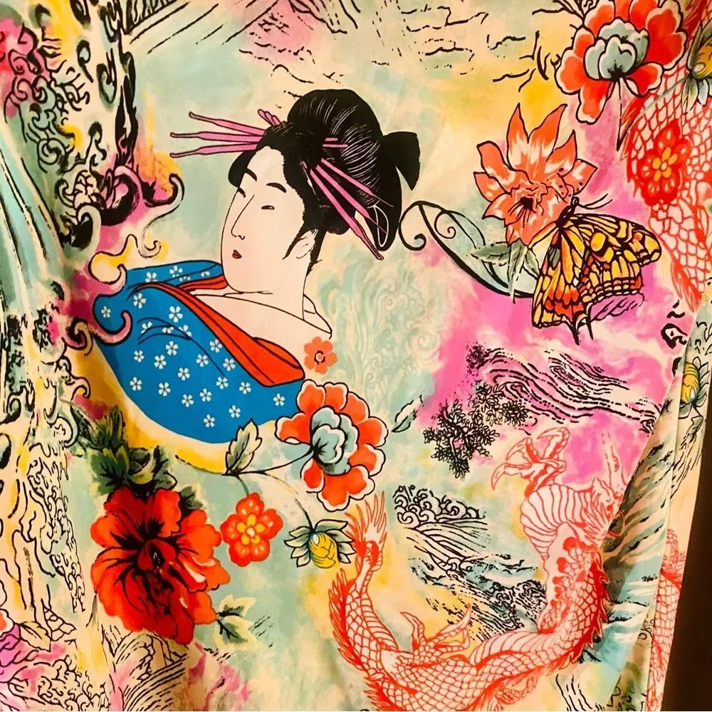 NATORI Iconic vintage GORGEOUS bias satin slip dress nightgown Geisha dragon S